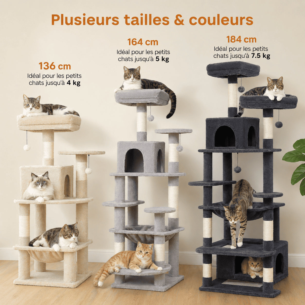 Arbre à chat multi-niveaux  Sisal naturel, hamac et condos | Plusieurs tailles