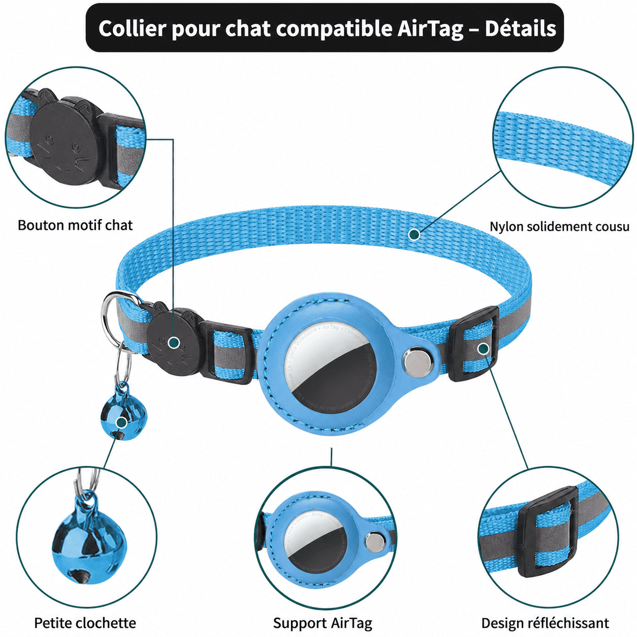 Collier pour Chat avec Étui Traceur Compatible AirTag — Réfléchissant, Ajustable & Sécurisé